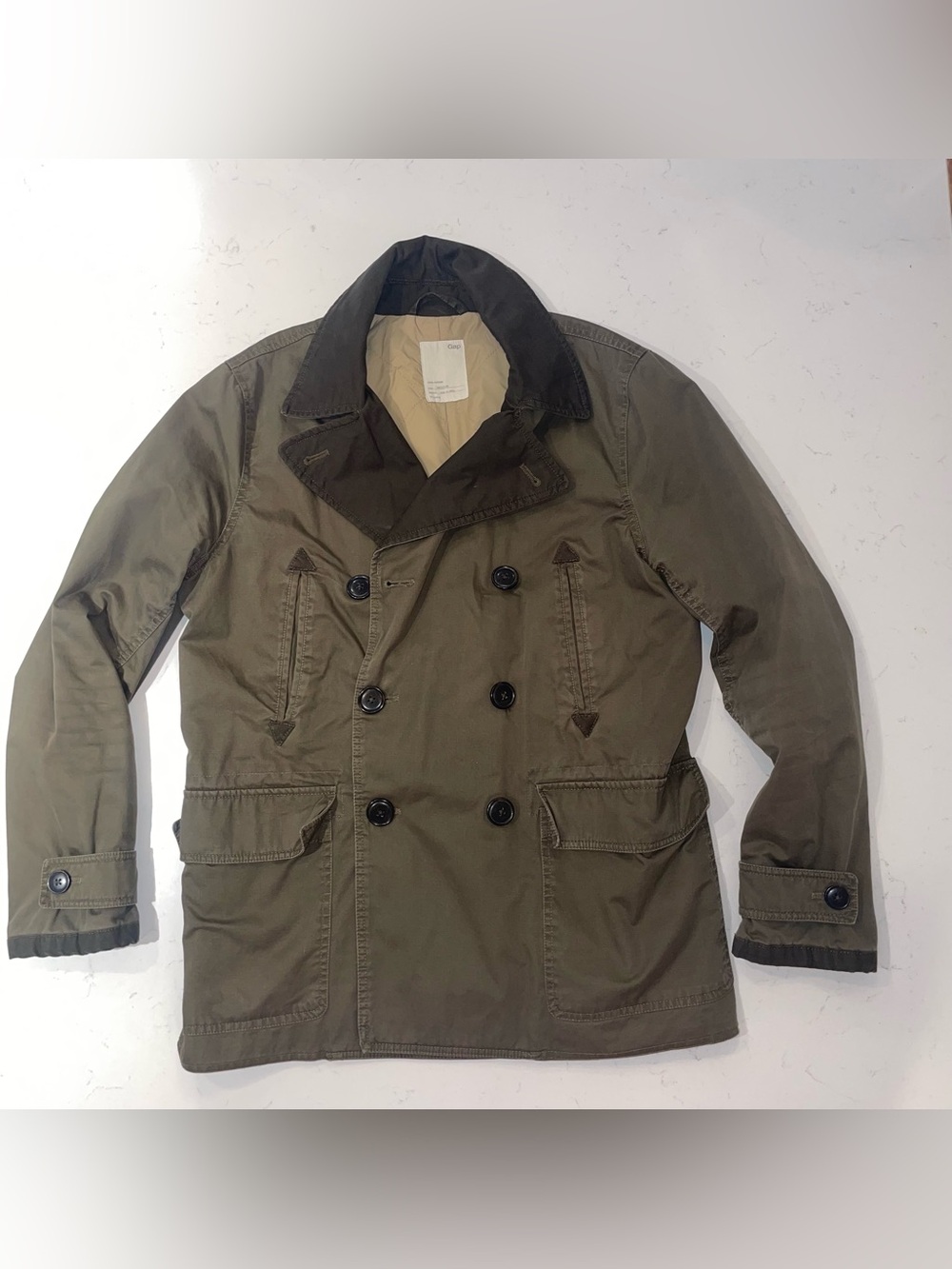 Men's Olive Green Double-Breasted Field Jacket utility pea coat, lined, filled